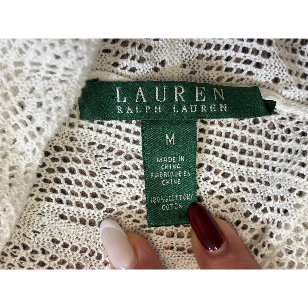 Lauren Ralph Lauren Cardigan Womens M Cream Open Knit Shawl Collar Cotton - Picture 9 of 12
